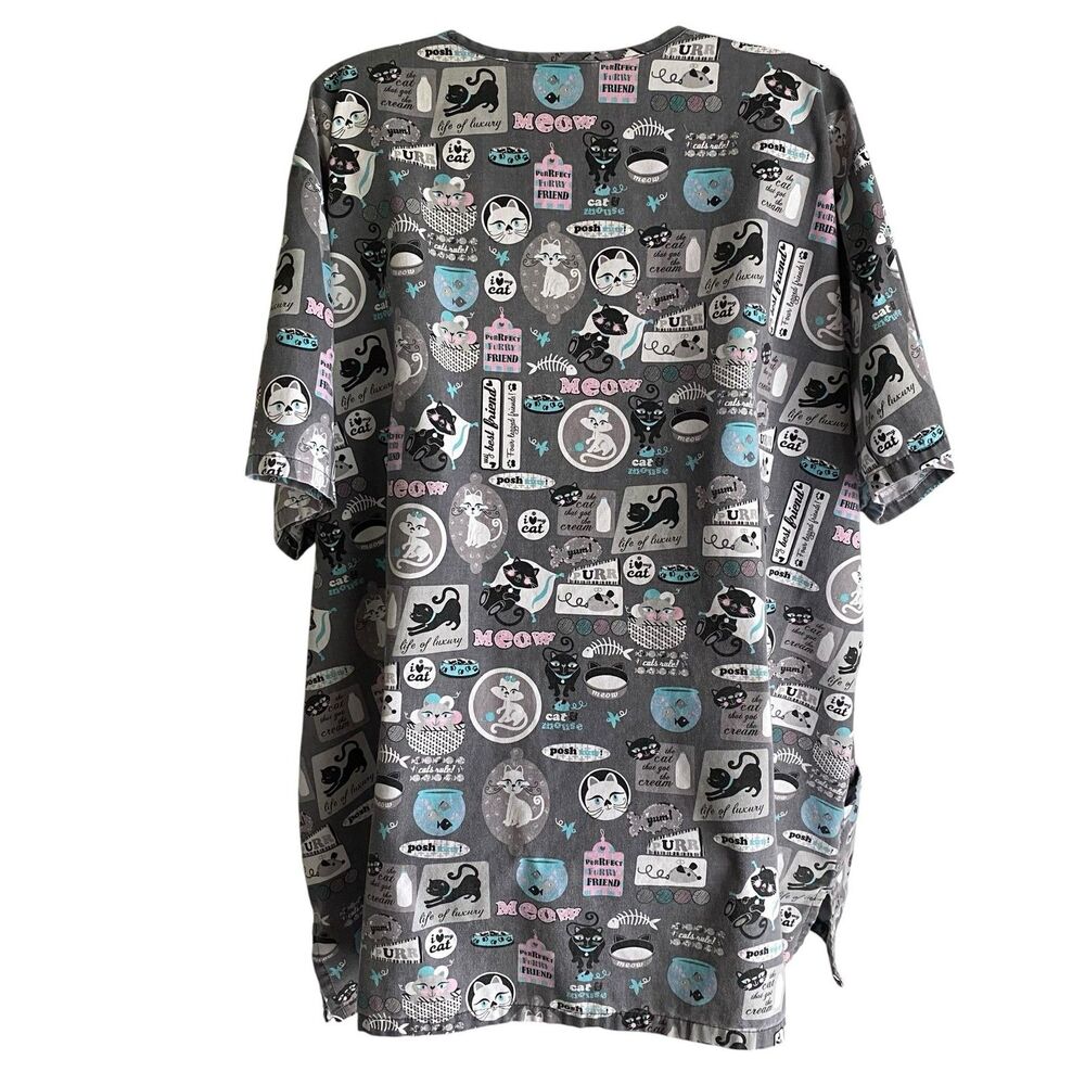 UA Scrubs Tunic Top Womens 3XL Gray Cat Print Pockets V Neck Nurse Scrub Top - Picture 4 of 5